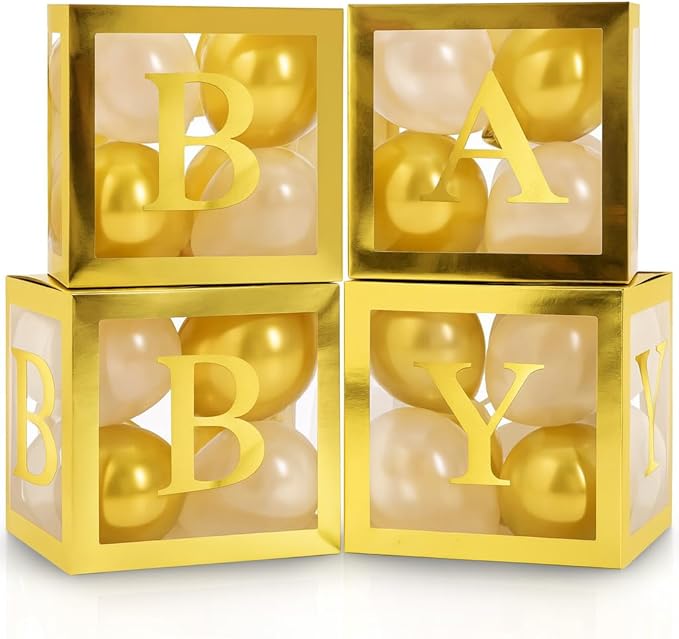 Baby Shower Boxes with Letters – Gold Boxes with Gold & White Balloons – 44-Piece Gender Reveal & Party Decoration Set by Vellax
