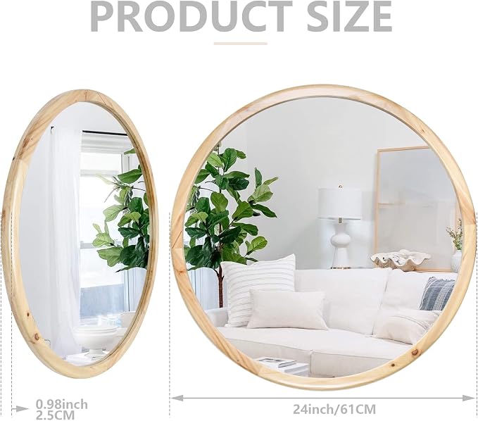 Round Wood Mirror,24 inch Circle Wooden Natural Large Farmhouse Vanity Boho Decor Wall Mirror for Bathroom Bedroom Living Room Hallway