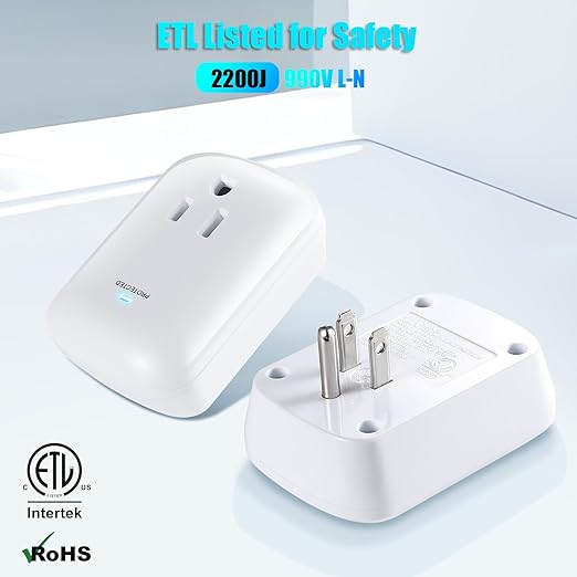 Single Surge Protector Plug, FiiMan ETL Listed Grounded Outlet Wall Tap Adapter with Indicator Light,1-Outlet,2200 Joules/15A/1875W, White, 2Pack