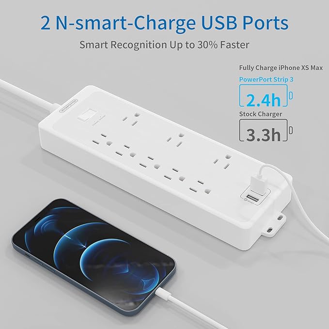 Surge Protector Power Strip 10 ft Cord, NTONPOWER Heavy Duty Extension Cord 10 ft, 8 Outlets and 2 USB Ports, Flat Plug, 1875W/15A 1700 Joules, Wall Mountable for Home Office, Dorm Essentials White