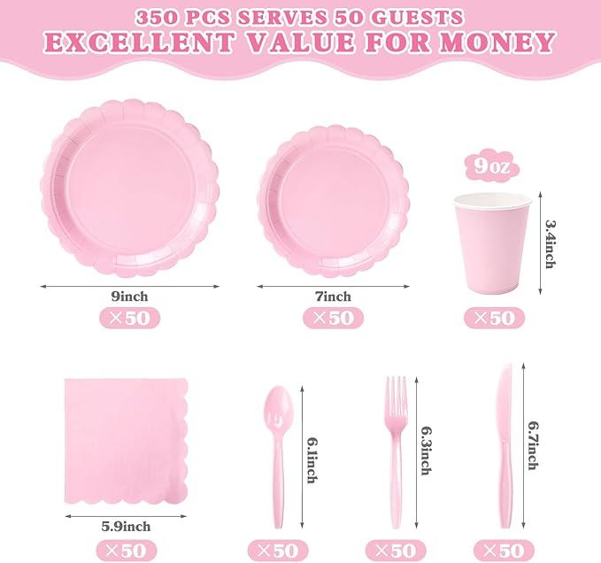 Vyntra 350 PCS Disposable Plates for Party, Paper Plates & Napkins Set with Cups, Knives, Forks, Spoons, 7'' Dessert and 9'' Dinner Plates for Baby Girl Shower, Birthday, Valentine’s Day - Light Pink