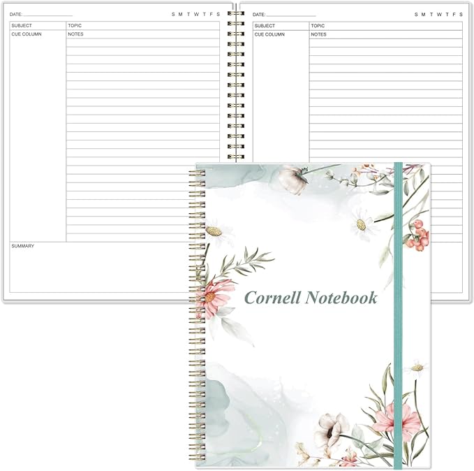 Yaridar A4 Cornell Notes Notebook - 8.5" x 11" College Spiral Cornell Notebooks for Note Taking, Subject College Ruled Steno Pads for Office School/Home, Pink Flower