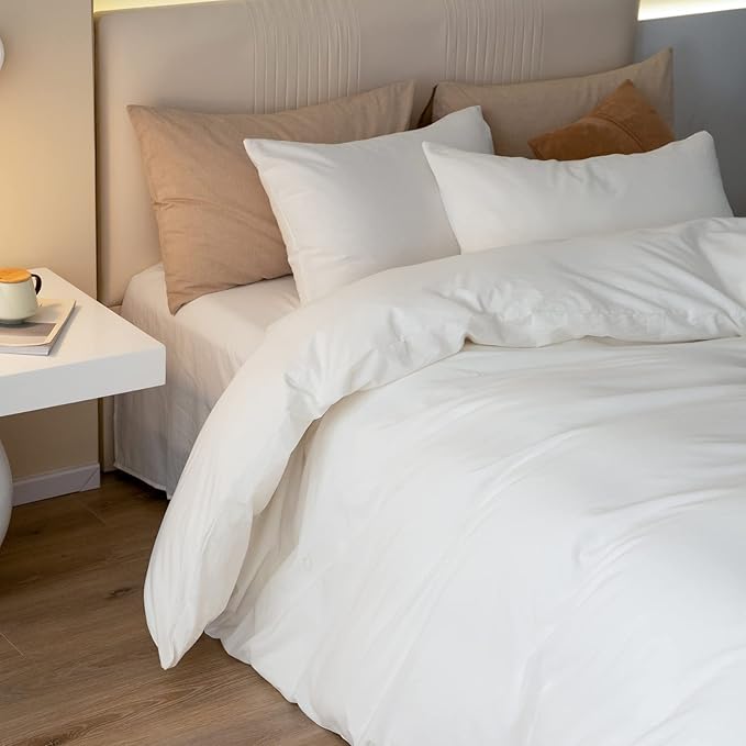 JIYUAN 100% Washed Cotton Duvet Cover Set 3 Pieces Oversized Queen, 1 Duvet Cover 98x98 Inches(Comforter Not Included) and 2 Pillowcases,Linen Feel Bedding Set Comfy and Breathable,Off White