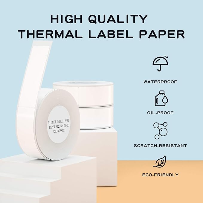 NIIMBOT Thermal Label Maker Paper 0.5" 4.3" Stickers Waterproof Tear-Resistant Replacement for D11/D110 Label Printer Office&Home Cable 65 Labels/Roll (White)