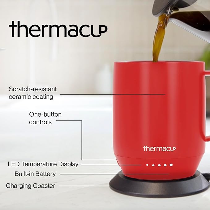THERMACUP Premium Heated Coffee Mug with 5 Temperature Settings, Industry-Leading Smart Electric Cup, Up to 8-Hour Battery, 12oz with Lid (14oz Total Capacity), Cherry Red