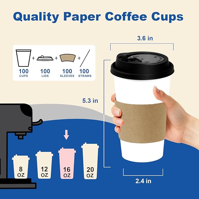 Coolcap 16 oz 100 Pack Coffee Cups with Lids and Sleeves, Straws, Hot Disposable To Go Travel Paper Cups Bulk for Office, Home Coffee Bar Accessories, Chocolate, Cocoa, Beverage (White)
