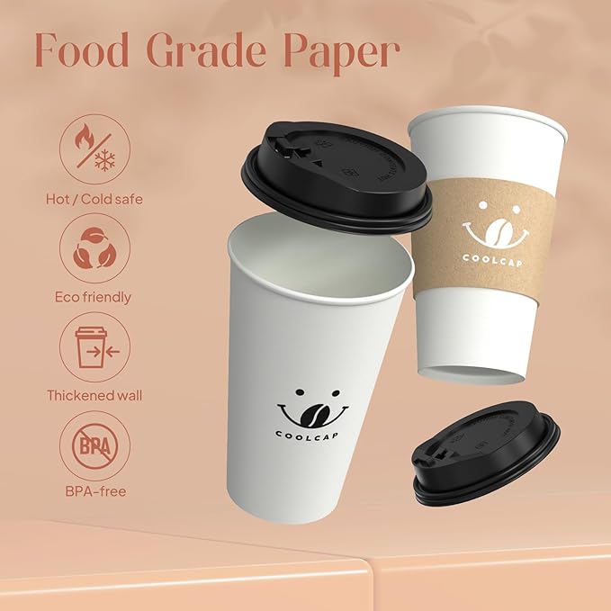 Coolcap Coffee Cups with Lids and Sleeves, 16 oz 50 pack To Go Cups with Lids, Paper Hot Coffee Cups for Hot & Cold Beverage (White, 16 oz)