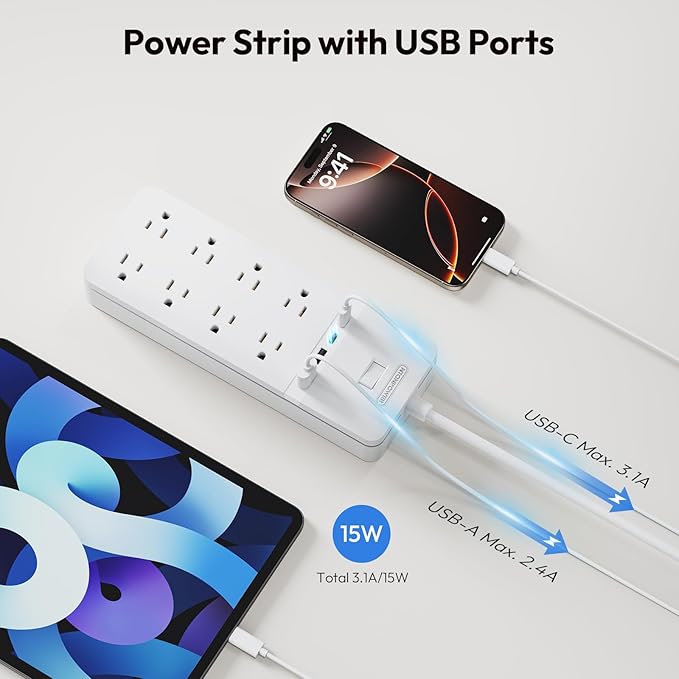 25 ft Extension Cord Flat Plug, NTONPOWER 8 Outlet Surge Protector Power Strip with USB Ports, 1080 Joules, 15A Circuit Breaker, Wall Mount for Home Office Workshop or Garage, ETL Listed, White