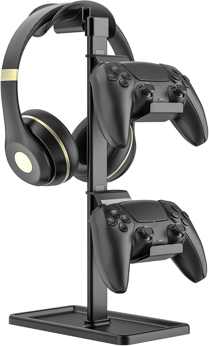 SHUOSUO Controller Holder, Headphone Stand, Gaming Controller Stand for Xbox PS5 PS4 Switch, Headset Holder with Storage Organizer, Universal Desk Game Accessories (Black)