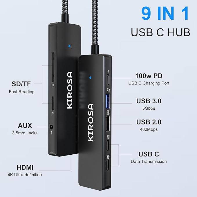 KIROSA USB C Hub: 9IN1 Multiport Adapter for Macbook Pro Air - USBC to HDMI Hub Dongle - Pocket USB-C Docking Station for Laptops and Type C Devices (4K HDMI 100W PD USB3.0 SD/TF Card Reader)
