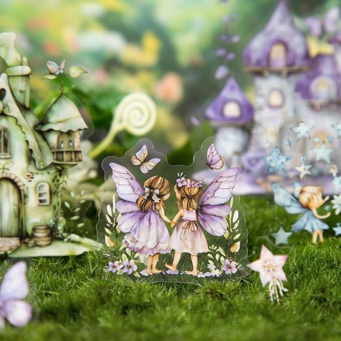 Dwpetzo Scrapbook Fairy Stickers for Scrapbooking Supplies, 80 Pcs Transparent PET Forest Mushroom House Scenery Stickers Ephemera for Junk Journals, Journaling, Collage, Art Crafts