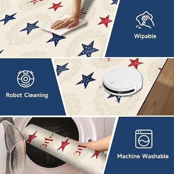 Star Area Rug 4'x6' Vintage Red Blue White Carpet Washable Low Pile Floor Mat Rugs for Bedroom Living Room Nursery Playroom Classroom Home Decor