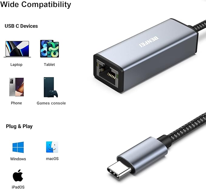 BENFEI USB-C to Ethernet Adapter, USB Type-C (Thunderbolt 3/4) to RJ45 Gigabit Ethernet LAN Network Adapter Compatible with iPhone 15 Pro/Max, MacBook Pro/Air 2023, iPad Pro,iMac, S23, XPS 17 and More