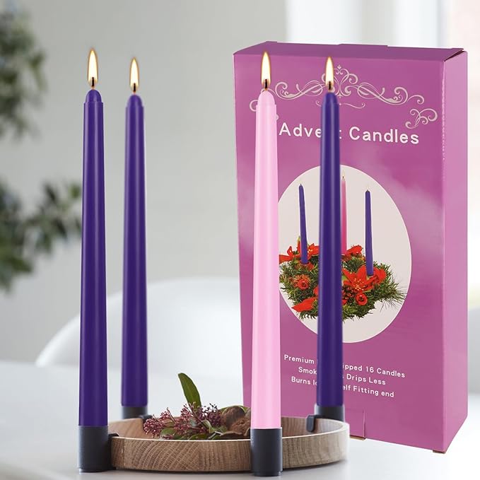 16pcs 10-inch Advent Taper Candles Unscented and Dripless for Christmas, Advent, Holidays, Church, Devotional, Celebration, Party (Purple, Pink)