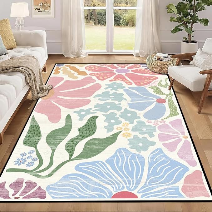 Floral Area Rug Modern Abstract Rug Pastel Flower Print Carpet Colorful Bohemian Plant Rugs for Entryway Bedroom Living Room Nursery Kitchen Playroom Home Decor,2'x3'