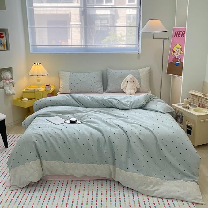 LifeTB Polka Dots Comforter Set King Aesthetic Princess Style Lace Comforter with 2 Pillowcases Fluffy Soft Cute Black Dots Bedding Set Lightweight Romantic Lace Design Reversible Bed Comforter Set