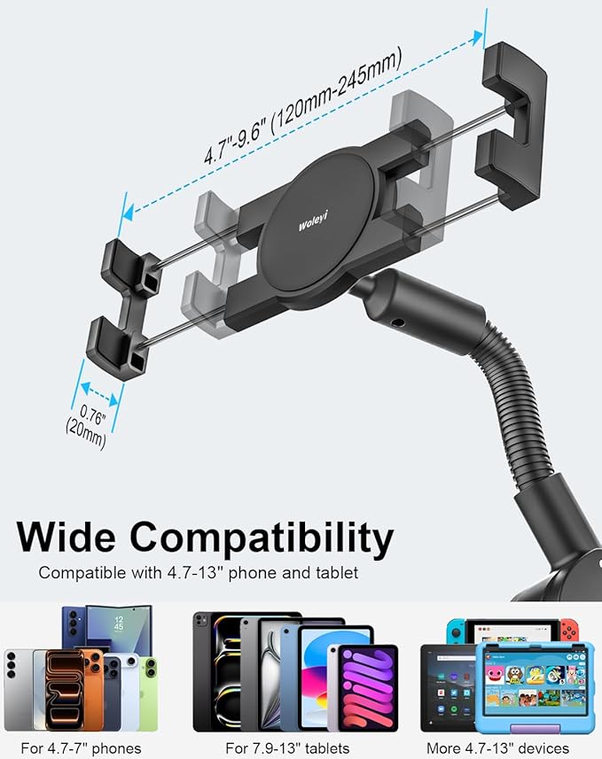 Gooseneck Bike Tablet Mount, Bike Holder - Adjustable Arm Tablet Holder for Motorcycle, Bicycle Scooter Handlebar Clamp, Compatible with iPad Pro Air Mini, Galaxy Tabs, Z Fold, iPhone, 4.7-13" Devices