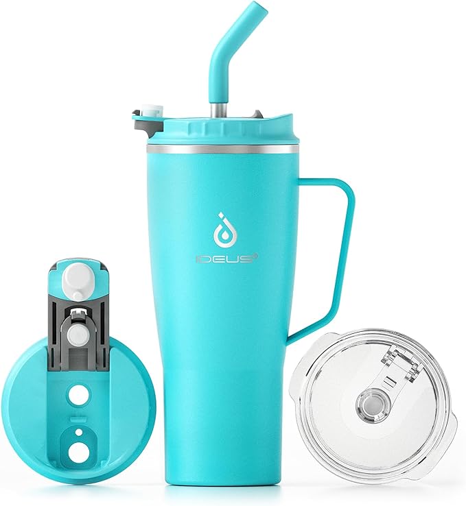 Ideus 32 oz Tumbler with Handle and Straw, Vacuum Insulated Stainless Steel Travel Mug, 100% Leakproof, Cup Holder Friendly, Sky Blue