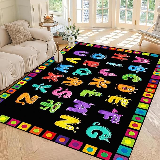 Alphabet Monster Area Rug for Kids 4'x6' Colorful ABC Learning Carpet Non Slip Educational Play Mat for Nursery Bedroom Playroom Classroom Living Room Home Decor