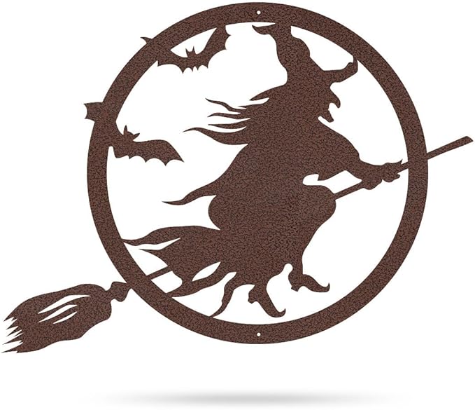 RealSteel Witch Halloween Decoration - Metal Broom Riding Décor - Scary Indoor Outdoor Wall Sign for Haunted Houses - Wicked Witch Flying Porch Art - Flying Bats Front Door Art (18, Orange)