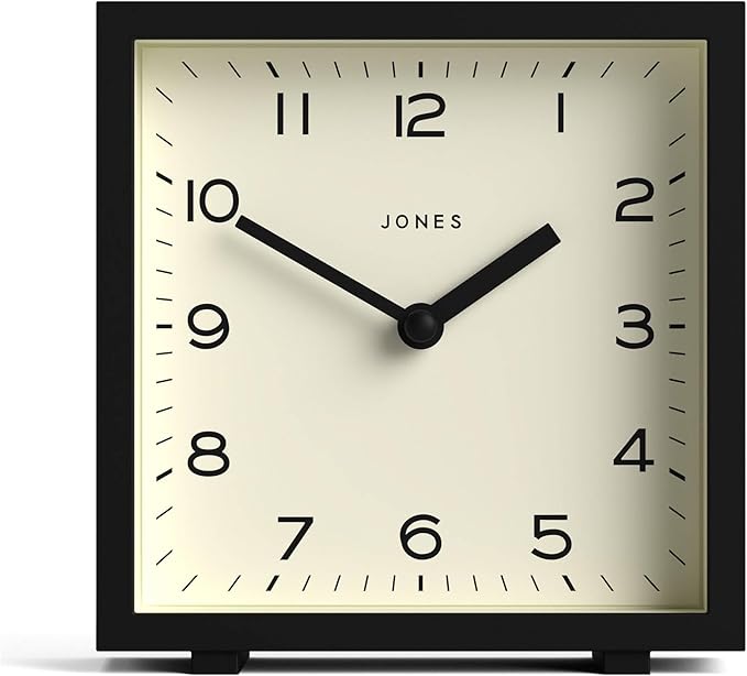 JONES CLOCKS® Disco Desk Clock | Sleek Square Design | Black | Stylish and Easy to Read for Shelf, Table, Mantel or Bedside