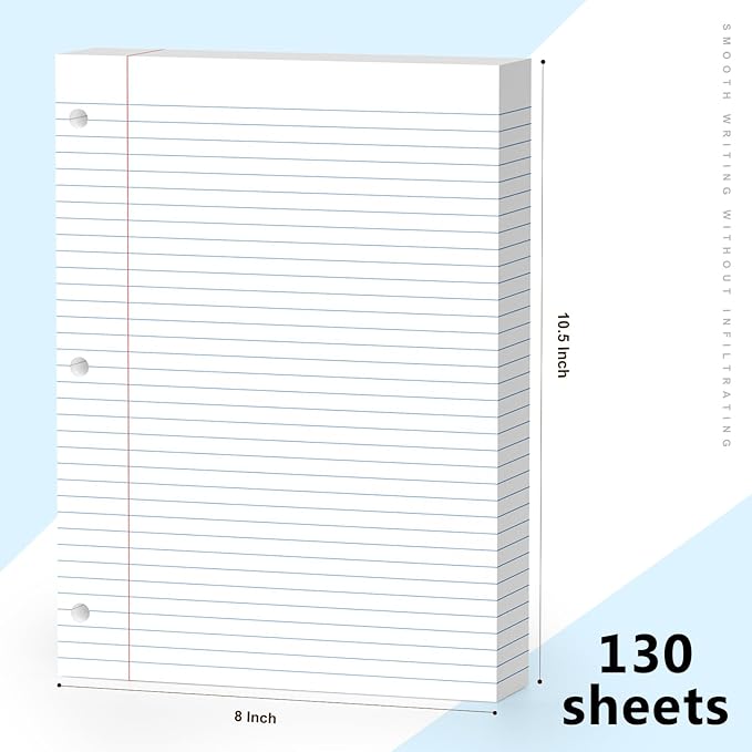 2-Pack White Loose Leaf Paper 260 Sheets Filler Paper 8 * 10.5 College Ruled 3-Hole Punched for 3-Ring Binders Notebook Lined 8" x 10.5"