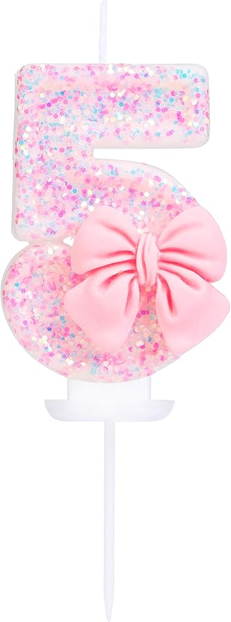 Number 5 Candle with Pink Sequins and Bowtie, Pink 5 Cake Topper Decoration for Girls Pastel Sweet Theme Birthday Party or Adults Milestone Age