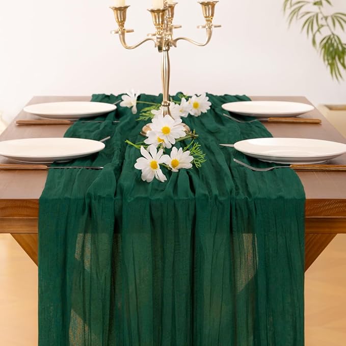 Socomi 6pcs Emerald Green Cheesecloth Table Runner Fall Thanksgiving Boho Rustic Gauze 120 inch 10FT Cheese Cloth Runner for Wedding Party Baby Shower Birthday Home Decor Holiday Decorations