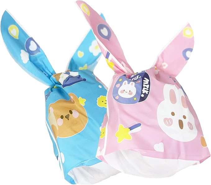 FERENLI 50 Pack Reusable Easter Gift Bags with Bunny Ears Goodie Treat Plastic Snack Candy Bags for Rabbit Bunny Birthday Party Favor Supplies (2 Mixed Colors, 5.3x9.1 inch(13.5x23 cm))