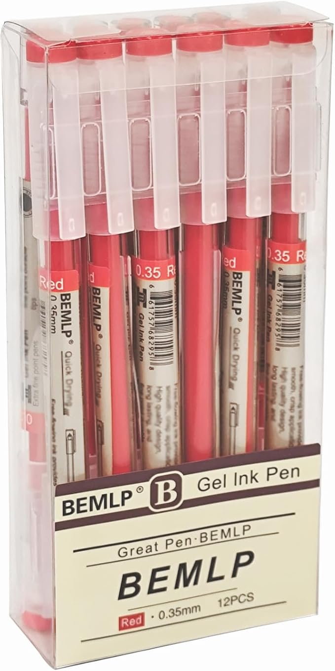 BEMLP Gel Pen 0.35mm Red Ink Pen Maker Pen School Office student Exam Writing Stationery Supply Technical Pens 12 Pcs/Set (Red)