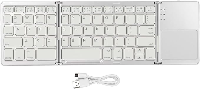 Wisoqu Foldable Keyboard with Touchpad, 3 Folding Wireless Keyboard 63 Keys 10m Connection USB Charging, for iOS for Laptop Tablet Smartphone (Silver White)