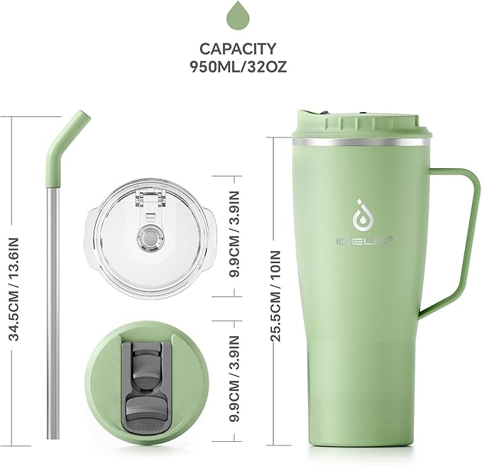 Ideus 32 oz Tumbler with Handle and Straw, Vacuum Insulated Stainless Steel Travel Mug, 100% Leakproof, Cup Holder Friendly, Avocado Green
