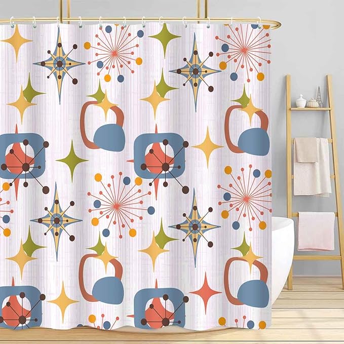 Mid Century Shower Curtain, 72x78inch, Modern Abstract Retro Pink Striped Geometric Shower Curtain Sets 1950s Boho Bathroom Shower Curtain with 12 Hooks