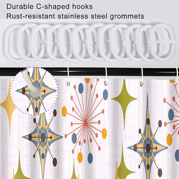 Mid Century Shower Curtain, 48x72inch, Modern Abstract Retro Pink Striped Geometric Shower Curtain Sets 1950s Boho Bathroom Shower Curtain with 8 Hooks
