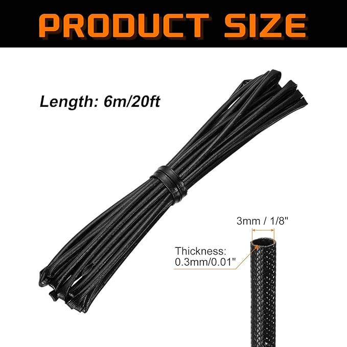 MECCANIXITY 20ft Braided Cable Sleeve, 1/8" ID 200C High Temperature 1500V Fiberglass Wire Insulation Cord Protector Organizer Wires Management for Motor Engine Fuel Line, Black