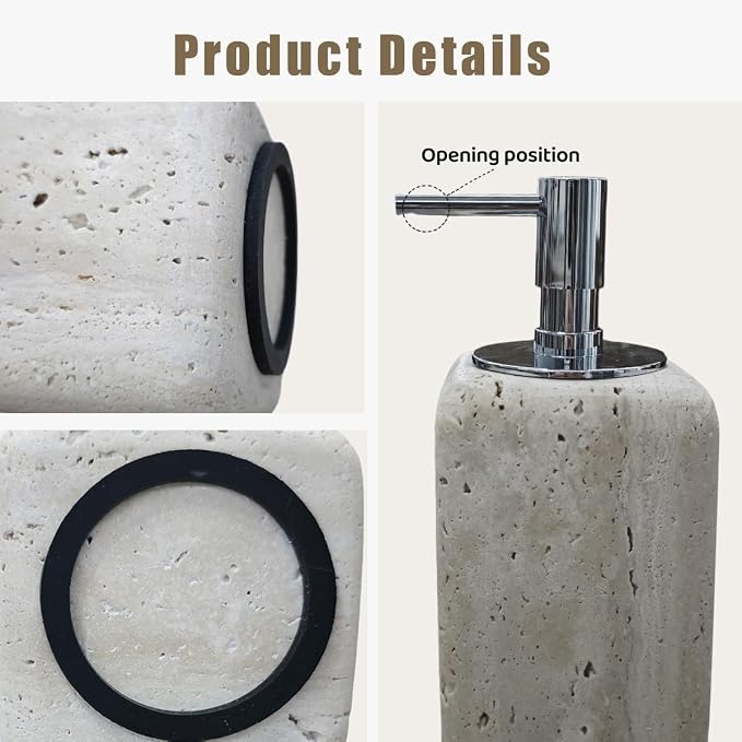 Ivory Travertine Soap Pump, Refillable Bathroom Liquid Dispenser with Aluminum Pump, Natural Organic Stone Hand Lotion Dispenser, Pump Bottle Dispenser for Bathroom and Kitchen Countertop