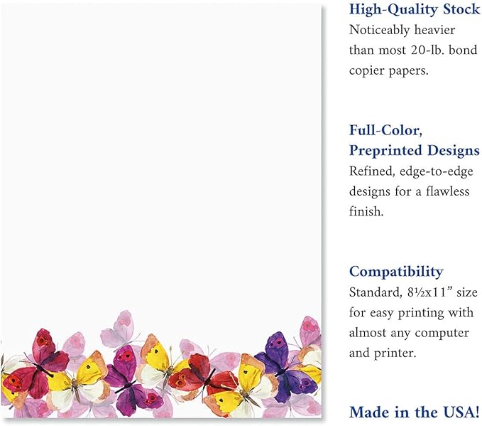 Current Summer Butterfly Letter Paper - Spring Stationery Papers With Decorative Butterflies Border, Printable Holiday, Wedding & Bridal Shower, & Invitation Sheets, Set of 25, 8 1/2" x 11"