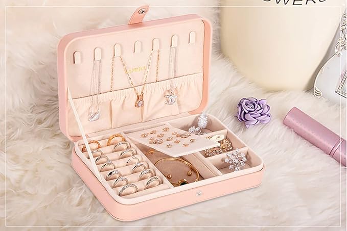 LANDICI Small Jewelry Box for Women Girls, PU Leather Travel Jewelry Case, Portable Jewelry Organizer Storage Holder Display for Ring Earrings Necklace Bracelet Bangle Men Kids Gift, Pink