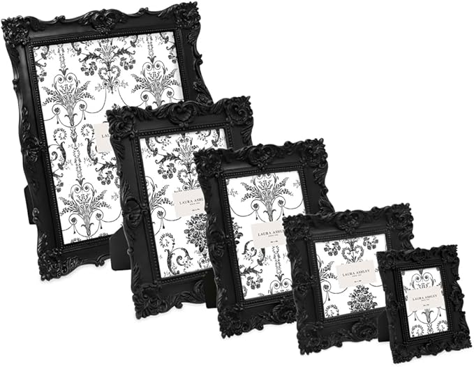 Laura Ashley 5x7 Black Ornate Textured Hand-Crafted Resin Picture Frame with Easel & Hook for Tabletop & Wall Display, Decorative Floral Design Home Décor, Photo Gallery, Art, More (5x7, Black)