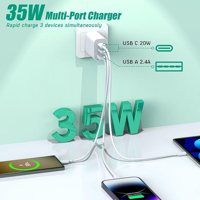 [3Pack] iPhone 17 16 15 Fast Charger Block 35W 3-Port Fast USB C Charger Block Multiport Double Port PD+QC Wall Plug Compatible with iPhone 17/17 Pro/16 ProMax/16 Plus/iPhone 15/15Pro/15 ProMax/14/13