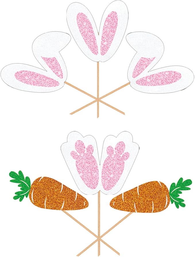 24pcs Easter Bunny Ear Cupcake Toppers, Glitter Rabbit Ears Cupcake Picks, EaSter Day Cake Toppers for Easter Theme Spring Birthday Baby Shower Party Decorations