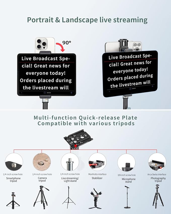 Large Screen Teleprompter Holder for Tablet & Phone with 70.8" Extendable Tripod, Dual Device Design, Compatible with iPad/iPhone/Samsung and More. Perfect for Live Streaming/Video Recording