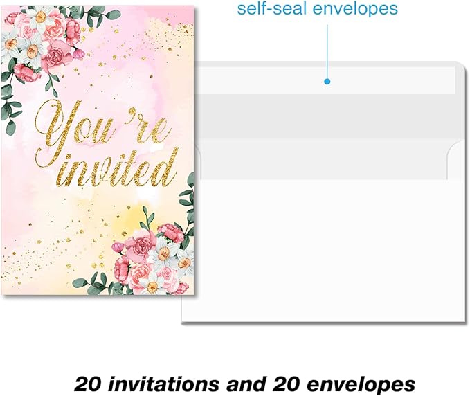 Soiceu Floral Gold Foil Sweet Sixteen Birthday Party Invitations with Envelopes Set of 20 Gold Glitter Pink Flowers Sweet 16 16th Birthday Party Invites