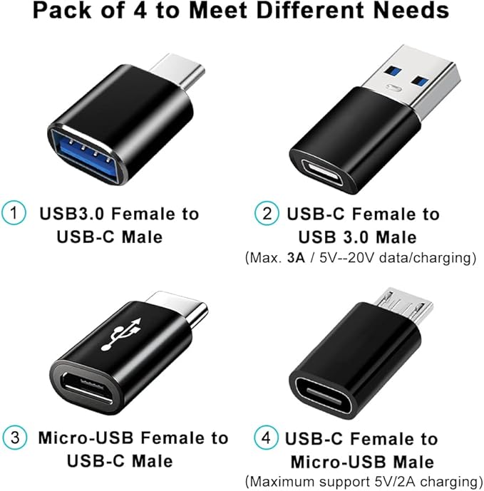 USB C Adapters 4 Pack, USB C to USB 3.0 OTG Adapter, Micro USB to USB C Adapter Compatible with MacBook Pro, Samsung Galaxy, Smartphones, Laptop, PC, in Car and More