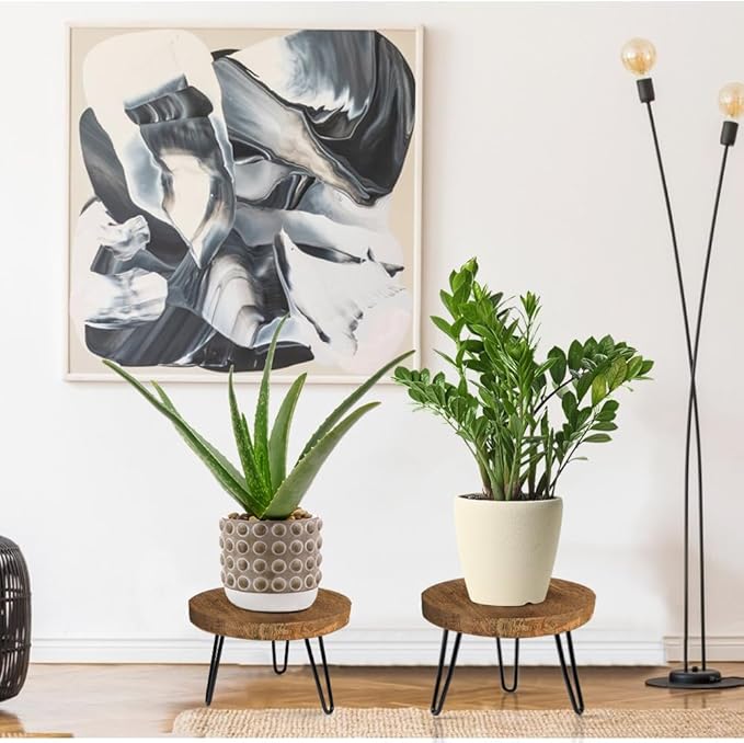 OBTAIN Plant Stand Indoor Outdoor, Wooden plant Stool, Mid Century Plant Stand for Indoor Plants, Wood Modern Plant Holder Rattan Flower, Low Short Boho Rustic Planter Stand Fit 5-15 Inch Pot(M, L)