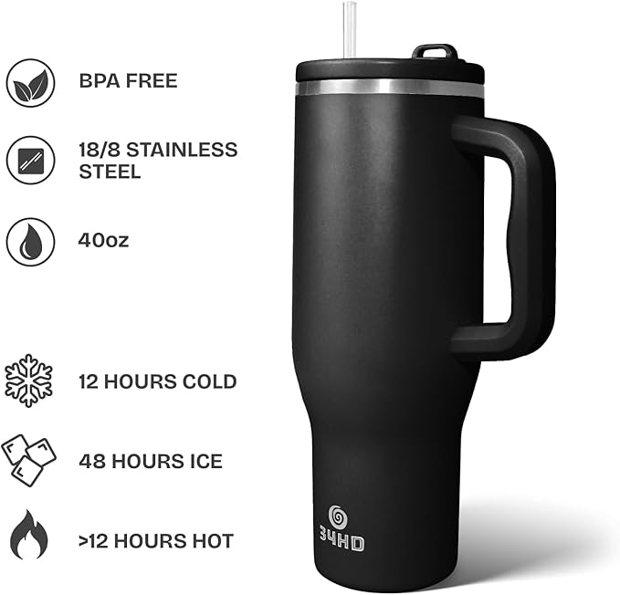 34HD 40 oz Stainless Steel Tumbler - Leakproof Insulated Water Bottle with Handle, Magnetic Lid and Flexible Straw - Iced for 48 Hours – Perfect for Men, Women, Birthday Gift, Black - Midnight Onyx