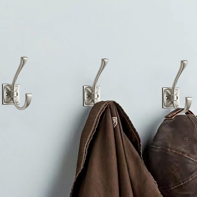 10 Pack Decorative Heavy Duty Towel Hooks for Hanging Robe Double Satin Nickel Coat Hooks Wall Mounted with Screws for Key, Towel, Bags, Cup, Hat