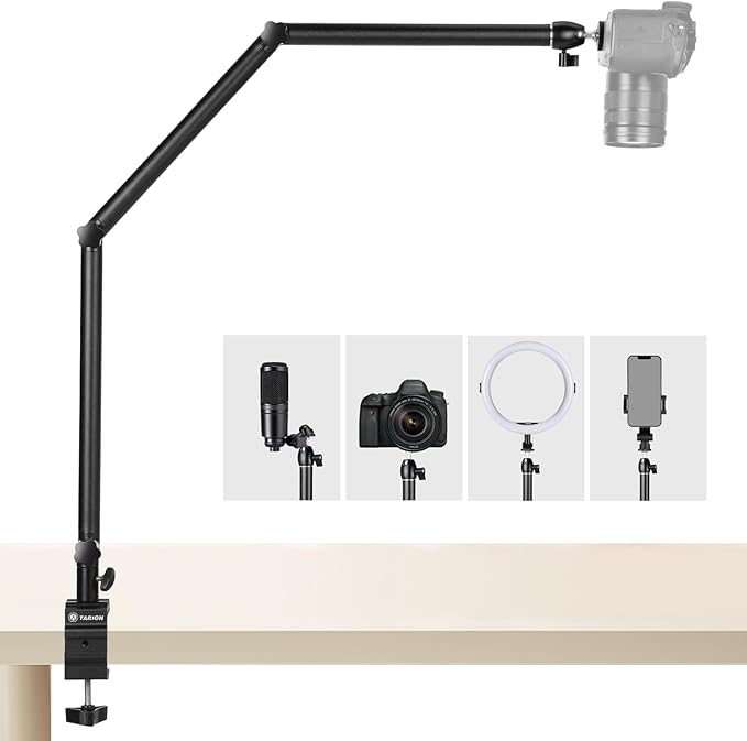 TARION Camera Desk Mount Stand - Articulating Arm, Flexible Overhead Mount, Adjustable Heavy Duty Tabletop DSLR Arm Boom for Flat Photography, Videography, Filming, Live Streaming TKB01