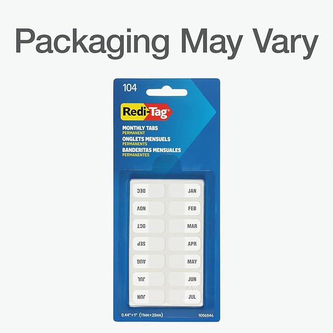 Redi-Tag Monthly Adhesive Tabs, Preprinted Tabs, 8 Sets of Jan-Dec Plus Bonus Blank Tabs, 7/17" x 1", Durable and Customizable Labels with Permanent Adhesive for Planners and Files, White (1006546)