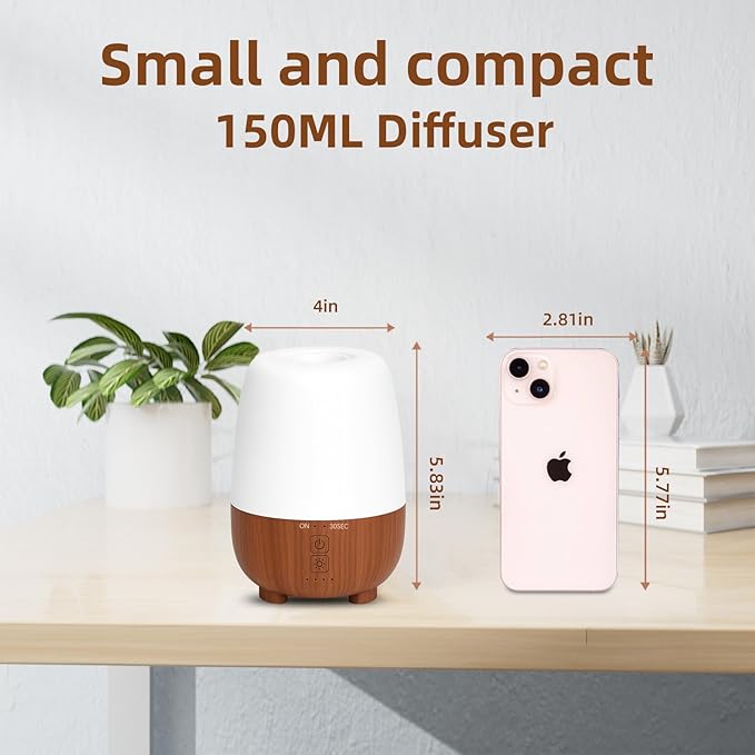 SEEDSEEL 150ML Rechargeable Battery Operated Essential Oil Diffuser, Portable Cordless Aromatherapy Diffuser,7-Hour Runtime with 7 LED Color Changing Lightsfor Home,Office,Outdoor